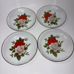 Set of 4 Vintage Glass Dessert Plates w/ Pink & Red Roses Gold Edge Trim 6 3/8”